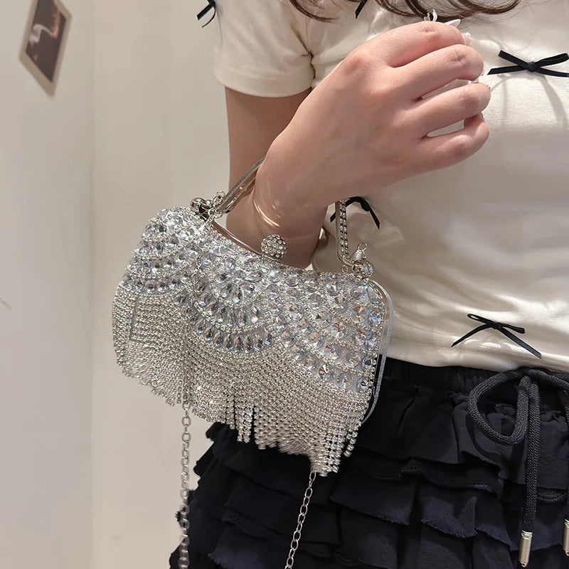 Gold Evening Clutch Bag For Women Luxury Diamond Party Purse Handbag Fashion Tassel Shoulder Crossbody Box Lipstick Bag Designer