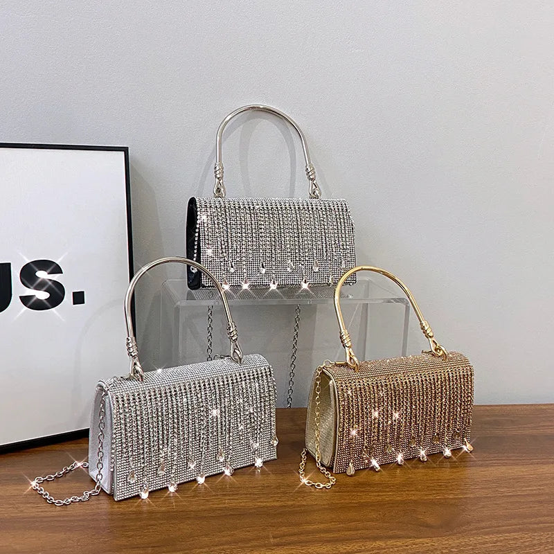 Luxury Golden Shoulder Bag 2025 New for Women, Elegant Rhinestone Clutch Purse, Versatile Crossbody Bag with Adjustable Chain