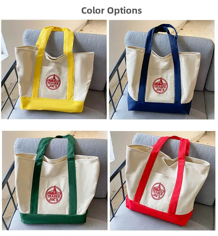 Tr Joe's Large Capaci op Bag Canvas Bag Embroidered Casual Handheld Single oulder Bag Contrast Color Trend Summer