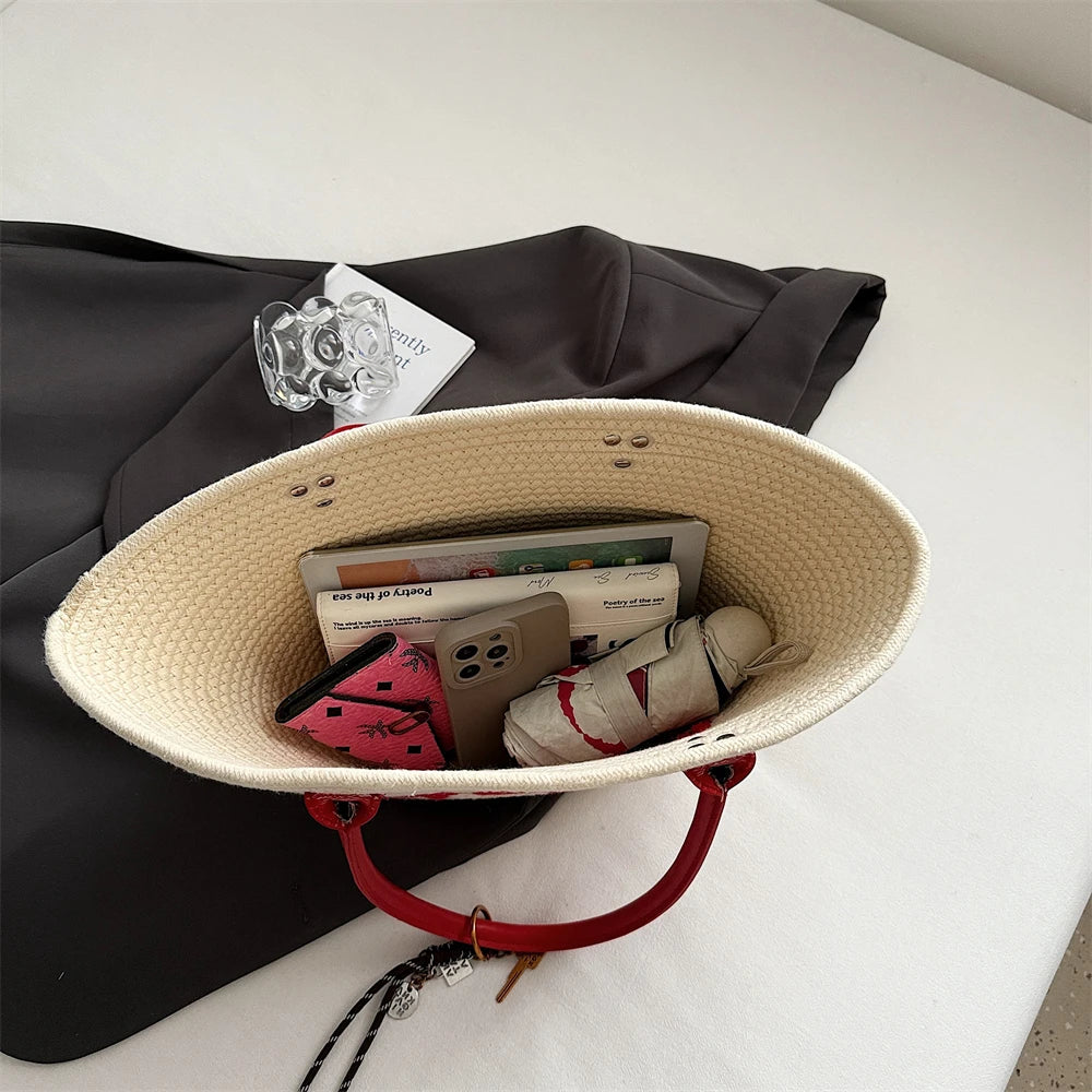 Simple Fashion Big Tote Bags For Women Cotton Fabric Woven Design Letter Embroidered  Luxury Large Capacity Shopper Shoulder Bag