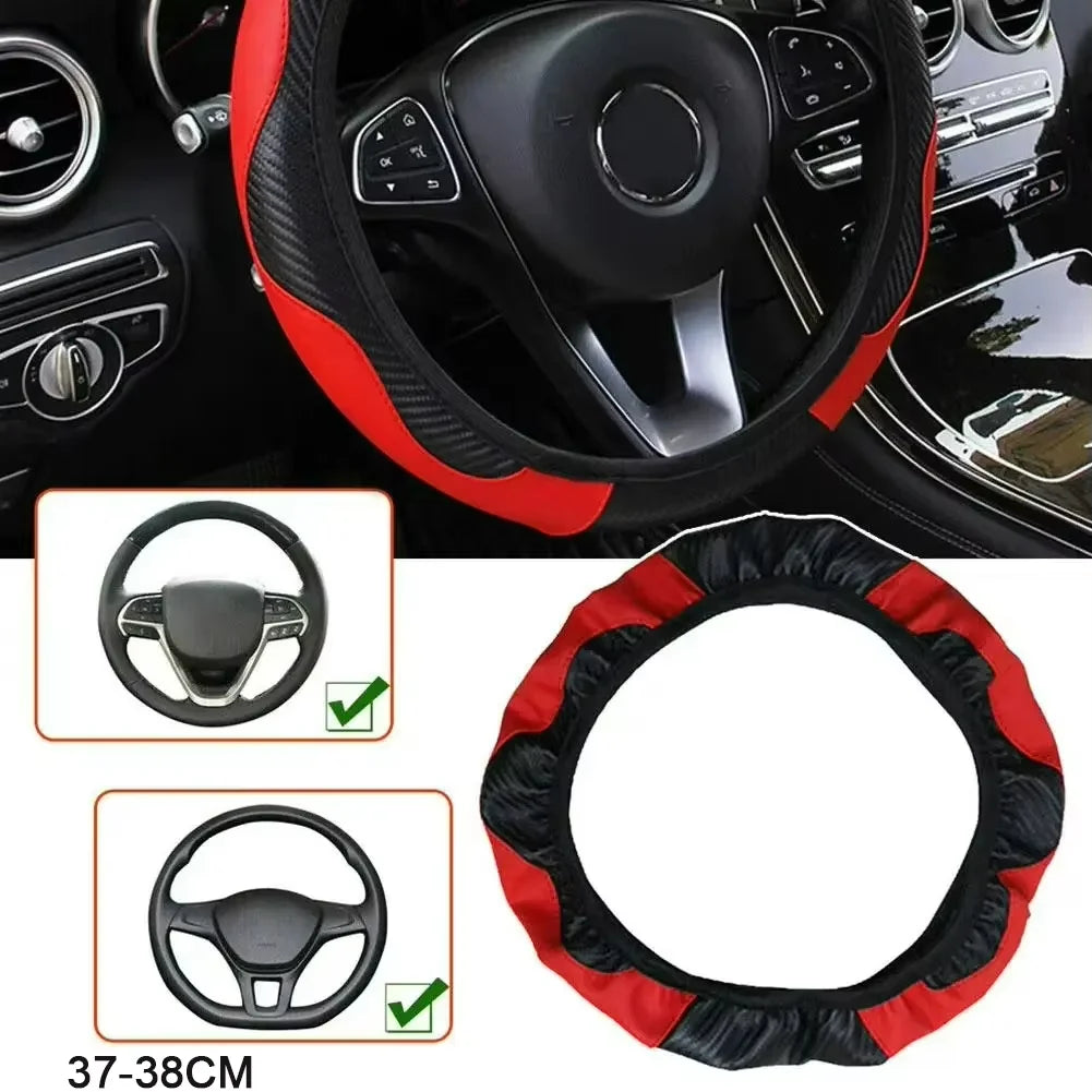 Car Steering Wheel Cover Breathable Anti Slip PU Leather Steering Covers Suitable 37-38.5cm Auto Decoration Carbon Fiber