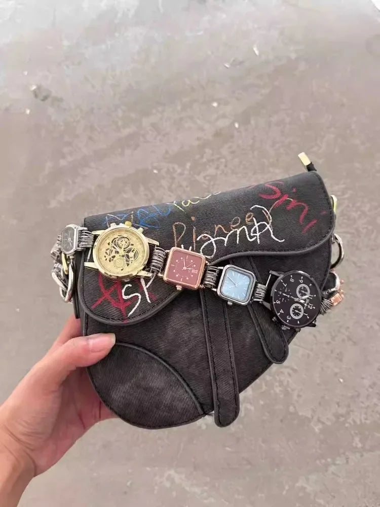 Designer Luxury Saddle Bag Women 2025 New In Fashion Chic Metal Watch Strap Shoulder Bag Trend Graffiti Novelty Female Bags