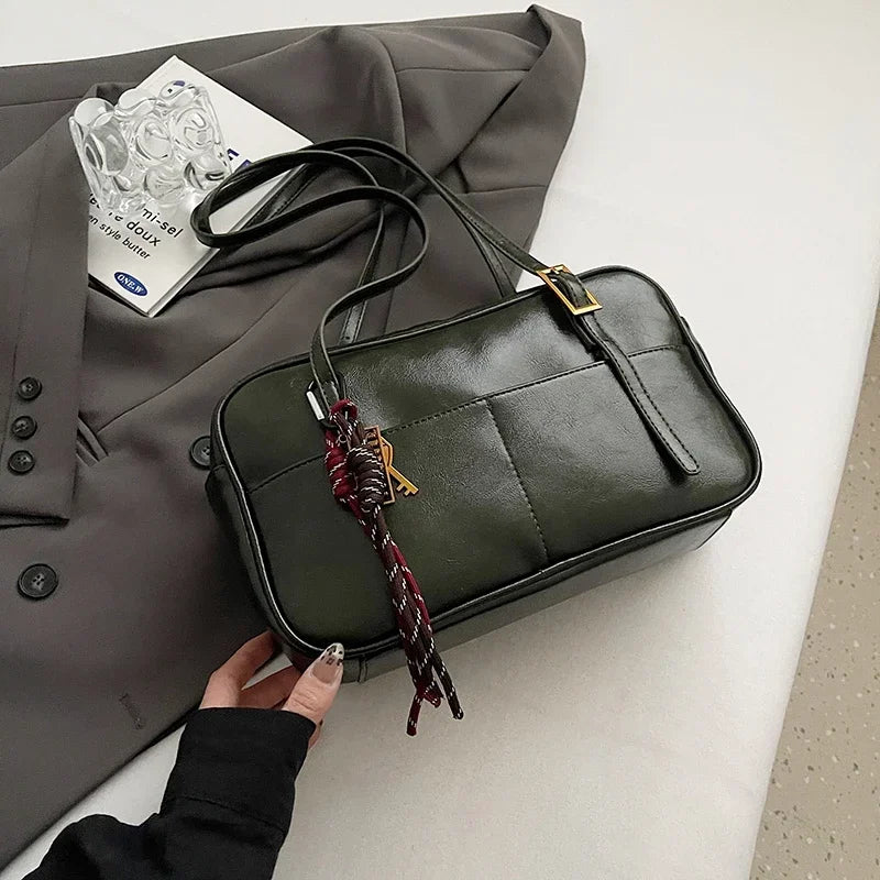 Luxury Black PU Leather Crossbody Bag for Women - Golden Buckle Strap & Red/Black Plaid Tassel, Y2K Underarm Bags Work Bag