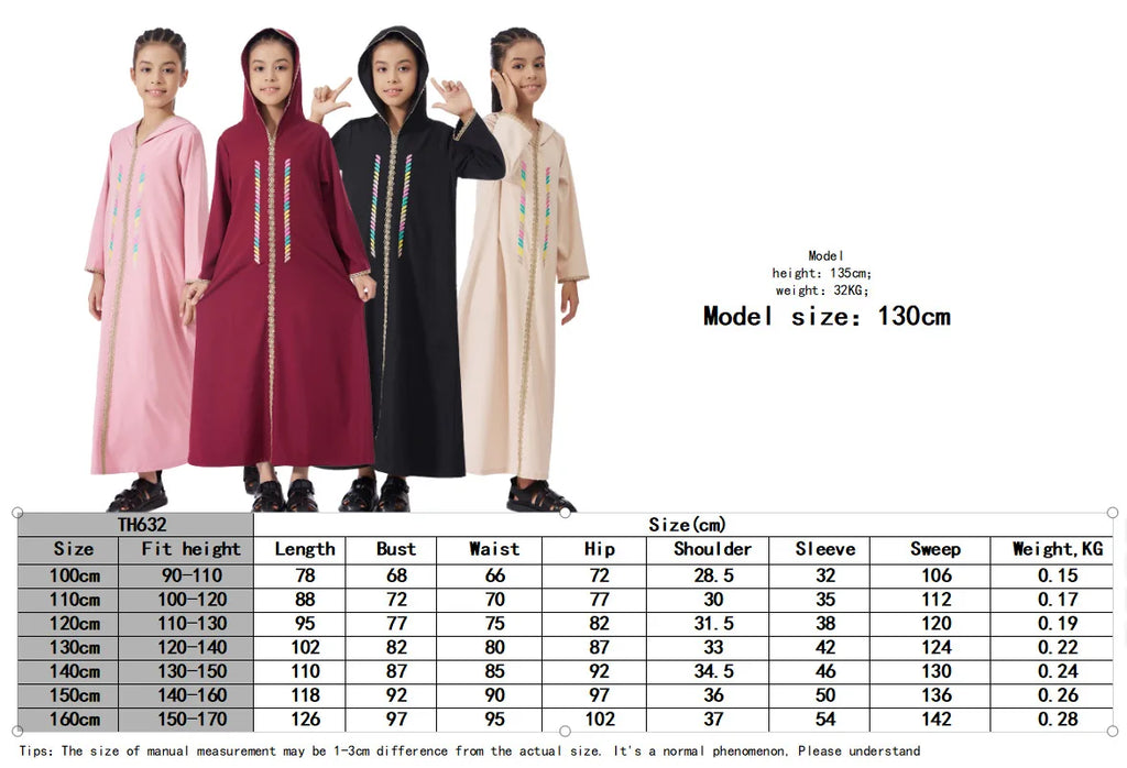 Muslim Girls Hooded Dress Eid Djellaba Ramadan Islam Clothing Turkey Kaftan Saudi Arab Robe Jalabiya Prayer Garment Caftan Gown