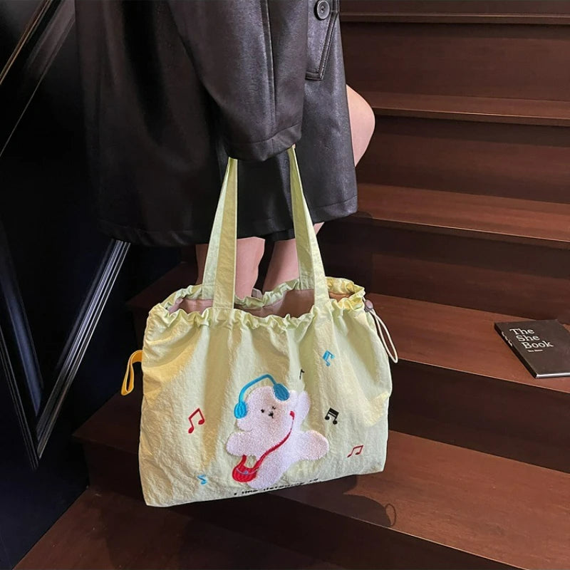 Leisure Large Capacity Single Shoulder Bag Trendy Embroidered Nylon Tote Bag School Style Sweet Handle Bag
