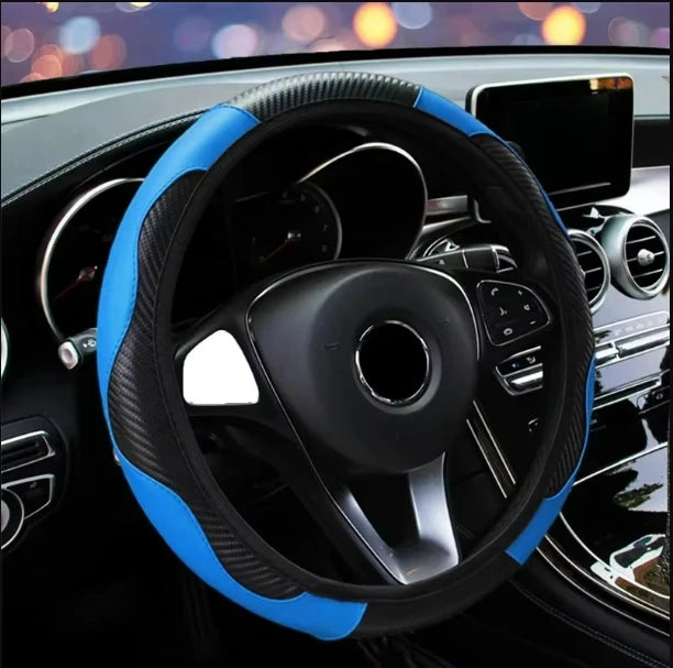 Car Steering Wheel Cover Breathable Anti Slip PU Leather Steering Covers Suitable 37-38.5cm Auto Decoration Carbon Fiber