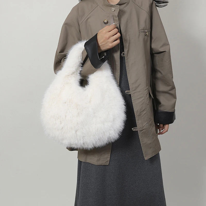 Small Hobo Handle Bags for Women Shoulder Bags Designer Furry Purse and Handbags Fashionable Cute Female Plush Bag