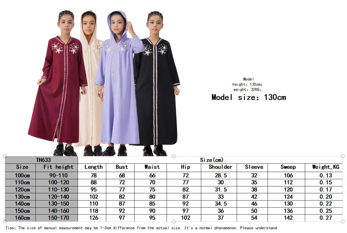 Muslim Girls Hooded Dress Eid Djellaba Ramadan Islam Clothing Turkey Kaftan Saudi Arab Robe Jalabiya Prayer Garment Caftan Gown