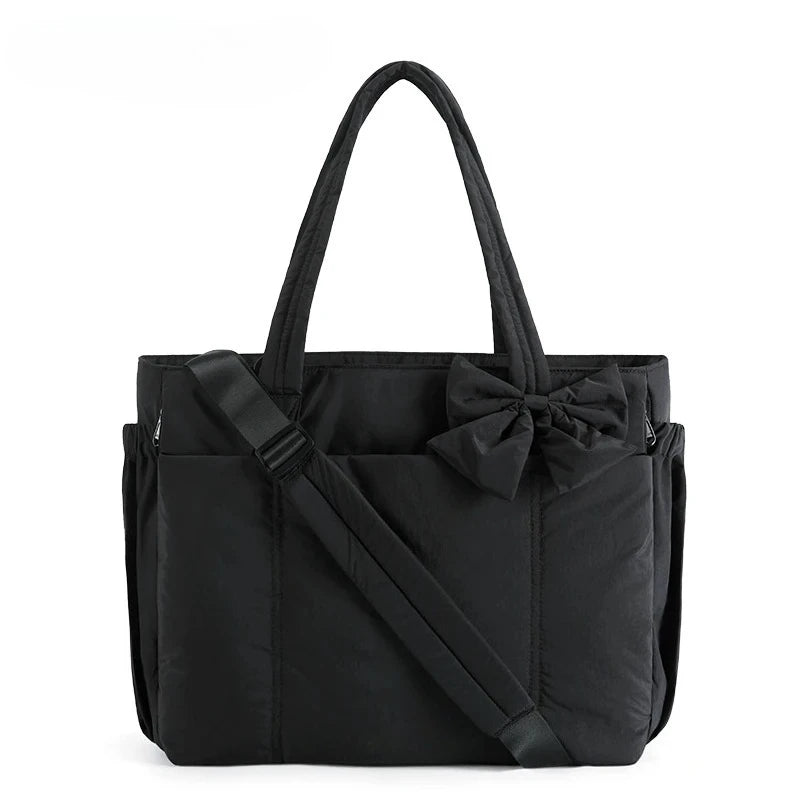 BAGSMART Padded Tote Bag With Bow Casual Quilted Padded Women Shoulder Bags Fit 15.6in Laptop Large Capacity Yoga Gym Bags
