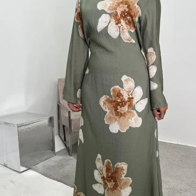 Elegant Floral Print Abaya Dress for Muslim Women Modest Full-Length Ankle-Grazing Maxi Robe 2025 Summer Islamic Turkey Outfit