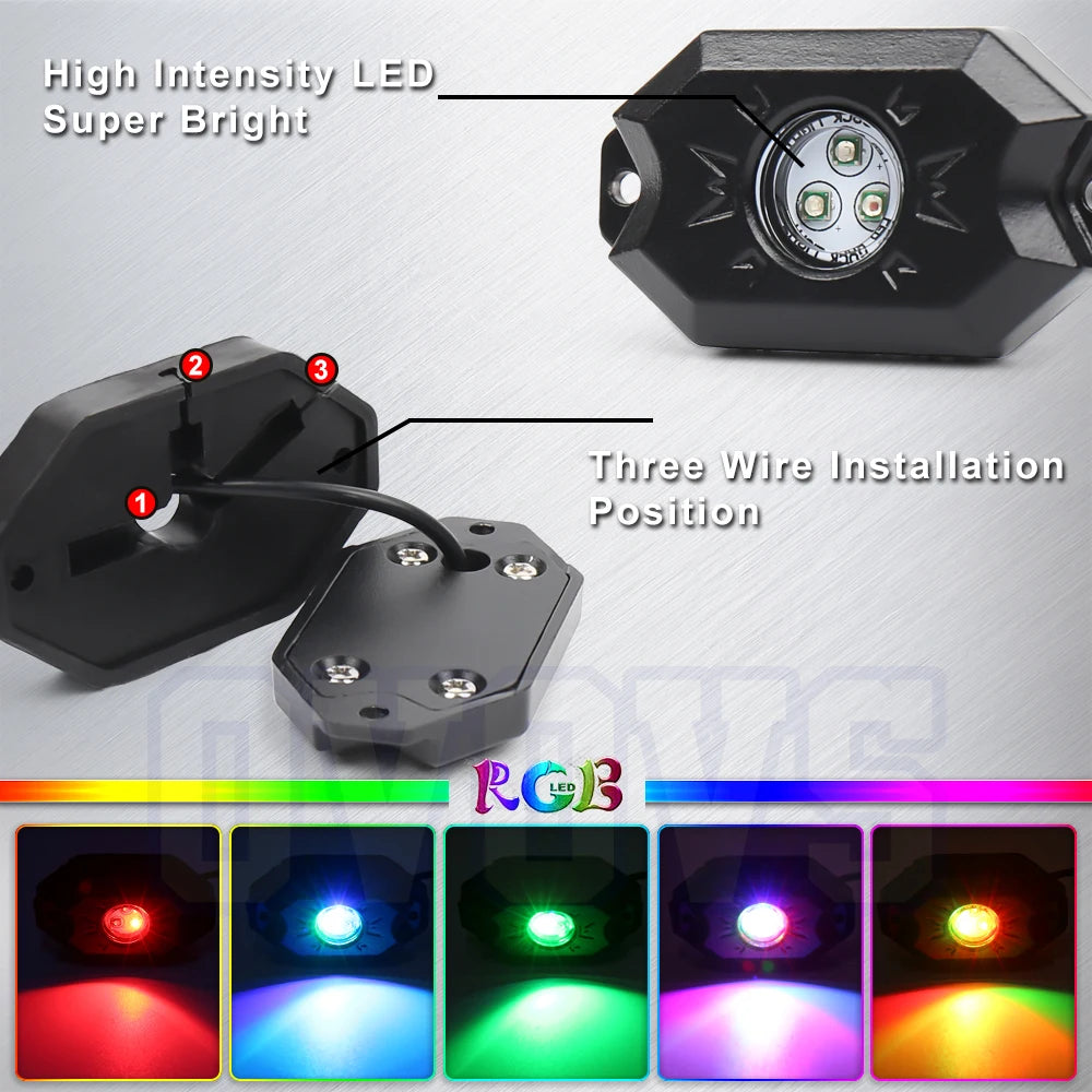 RGB LED Rock Lights Kit 4 Pods Underglow Multicolor Neon Light Pod With Blue Tooth App Control For Truck ATV UTV RZR SUV