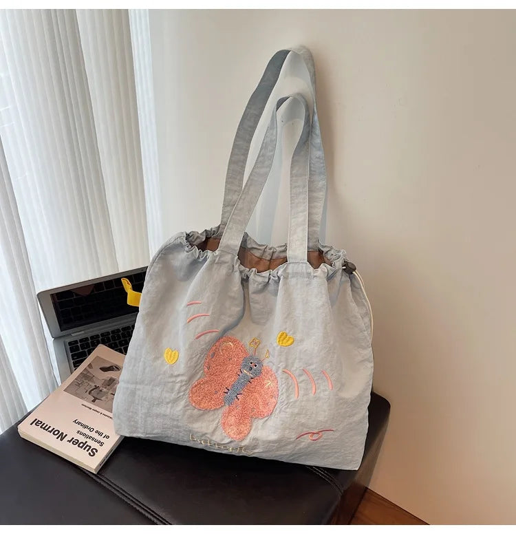 Leisure Large Capacity Single Shoulder Bag Trendy Embroidered Nylon Tote Bag School Style Sweet Handle Bag