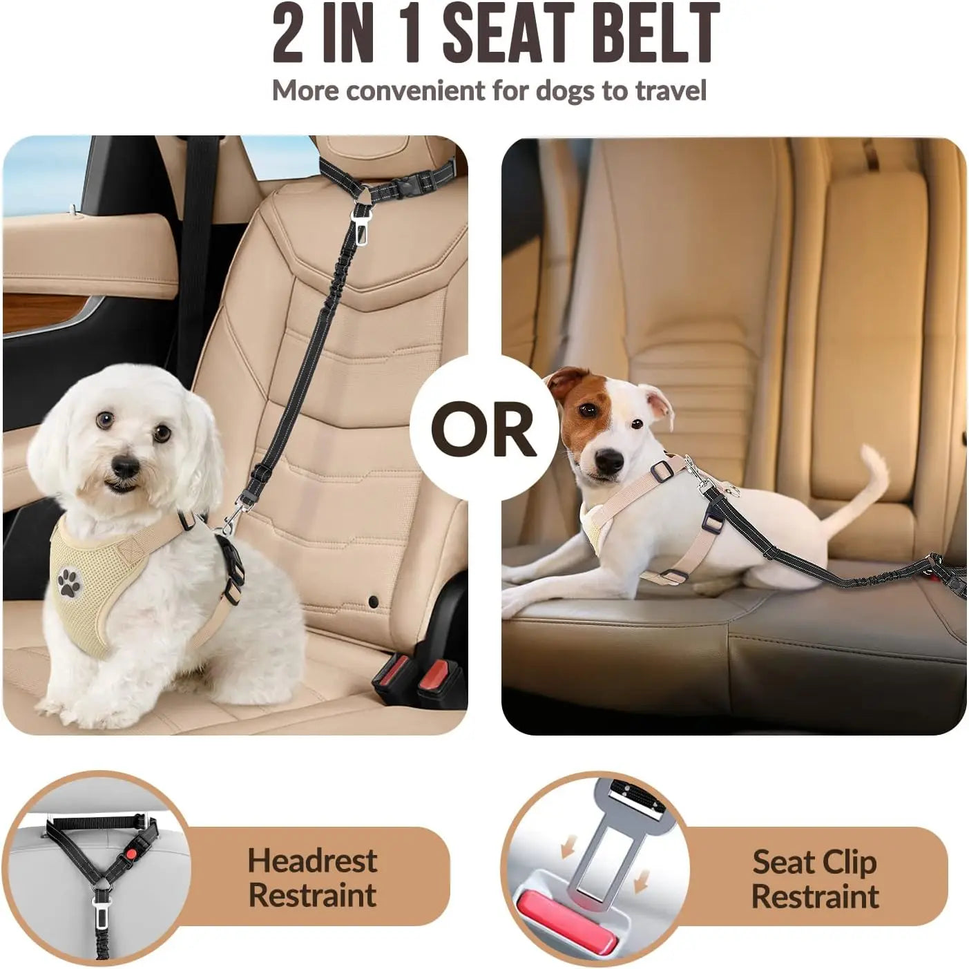 Dog Seat Belt for Car,Dog Car Harness Seatbelt Adjustable with Elastic Bungee Buffer, 2in1 Pet Leash Restraint Dog Safety Tether