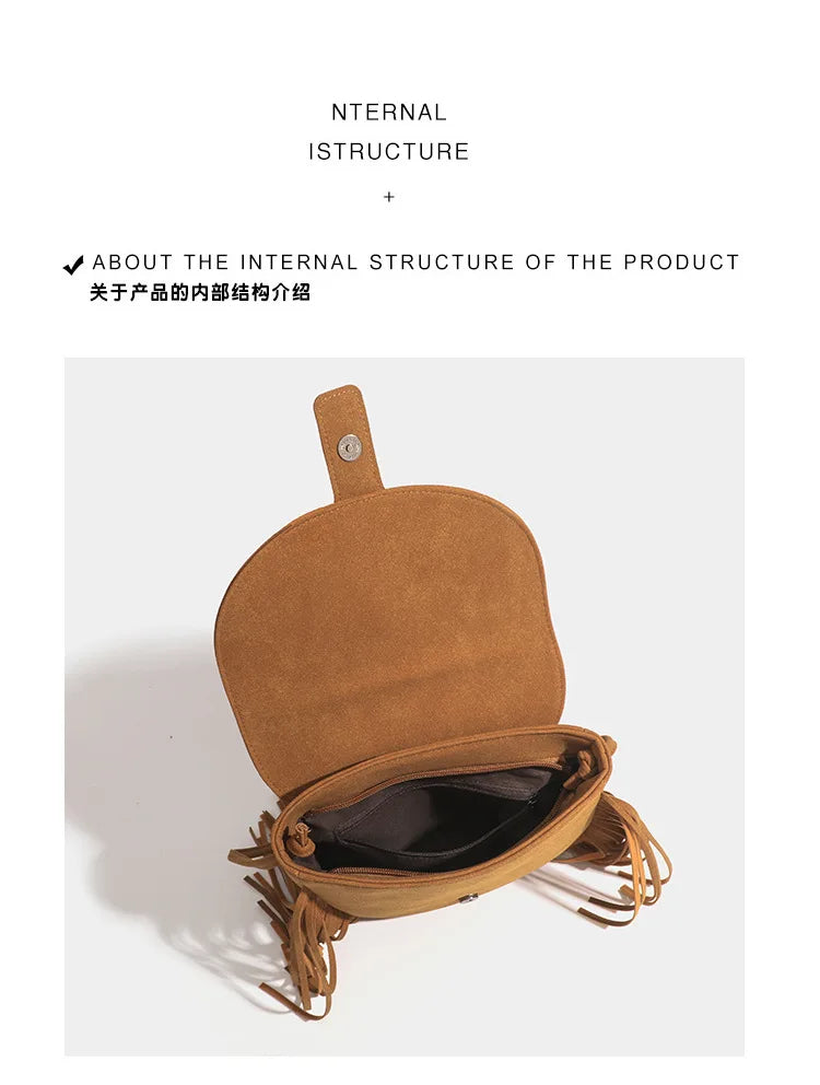 Boho Style Bohemian Fringed Crossbody Bag Versatile Faux Suede Design Shoulder Bag Flip Small Square Bags For Women Daily Travel