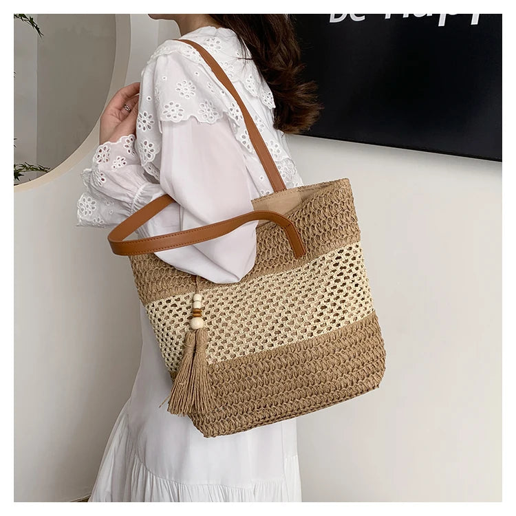 Color-blocked Linen Knitting Fashion Shoulder Bag Hollow Large Capacity Zipper Casual Tote Hot Sale Bags for Women Bolsa Mujer