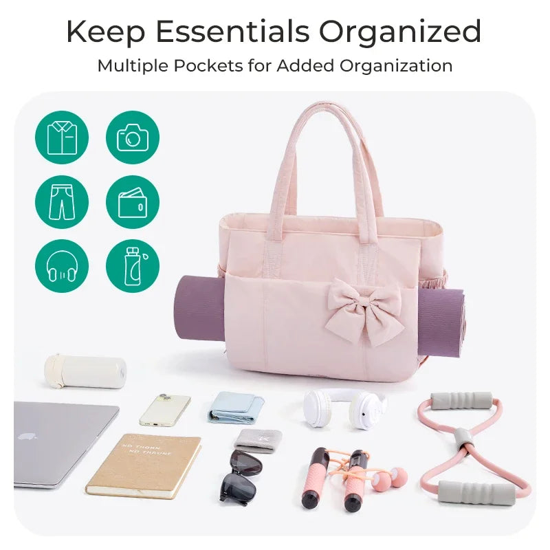 BAGSMART Padded Tote Bag With Bow Casual Quilted Padded Women Shoulder Bags Fit 15.6in Laptop Large Capacity Yoga Gym Bags