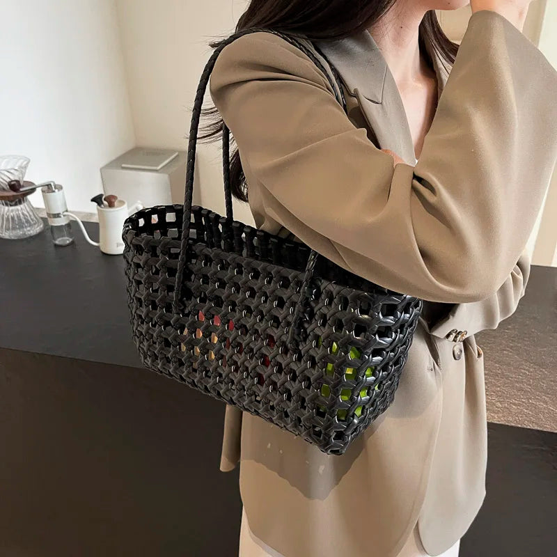 LEFTSIDE Small Solid Color Weave Tote Bags for Women 2025 Fashion Summer Shoulder Bags Simple Handbags Hollow Out Beach Bag