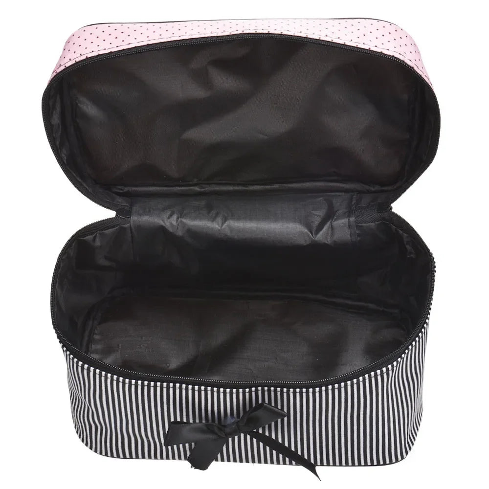 Women Travel Bow Stripe Make Up Bags Girl Cosmetic Bag Makeup Beauty Bra Wash Organizer Toiletry Pouch Storage Kit Bath Case