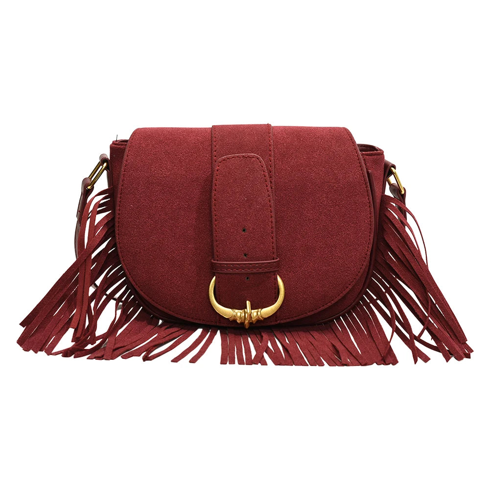 Women Suede Crossbody Bag with Tassels Shoulder Bag Zipper Closure Handbag Satchel Bag for Work Travel