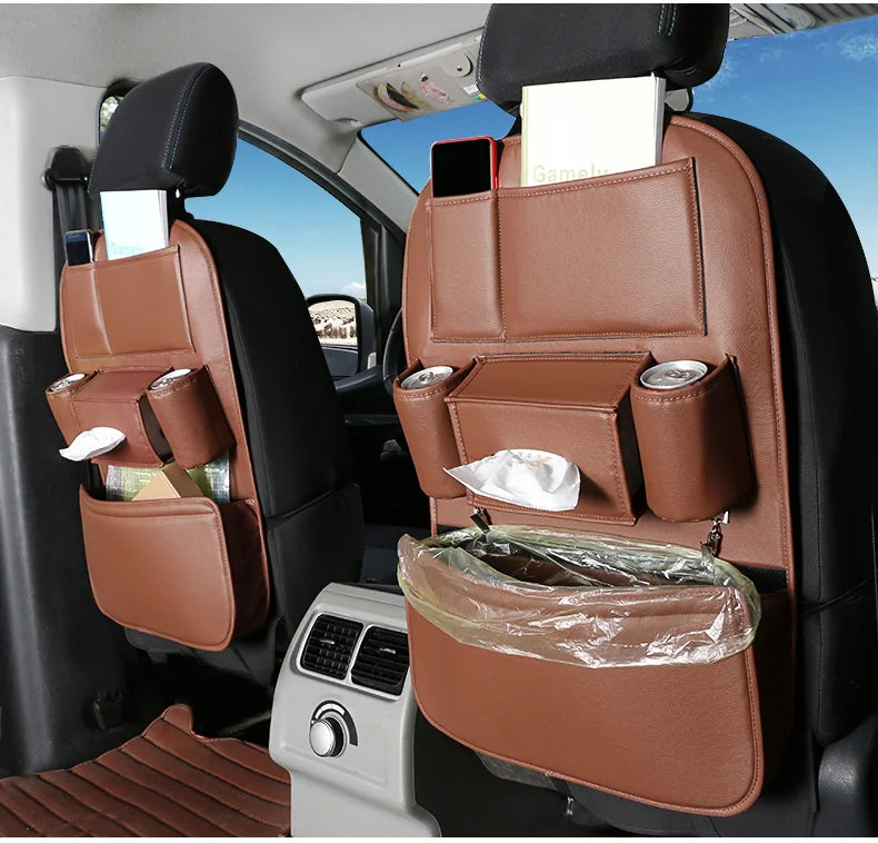 Leather Car Backseat Organizer Rear Row Children's Seat Back Hanging Storage Bag Shelf Garbage Can Trash Tissue Bottle Organiser