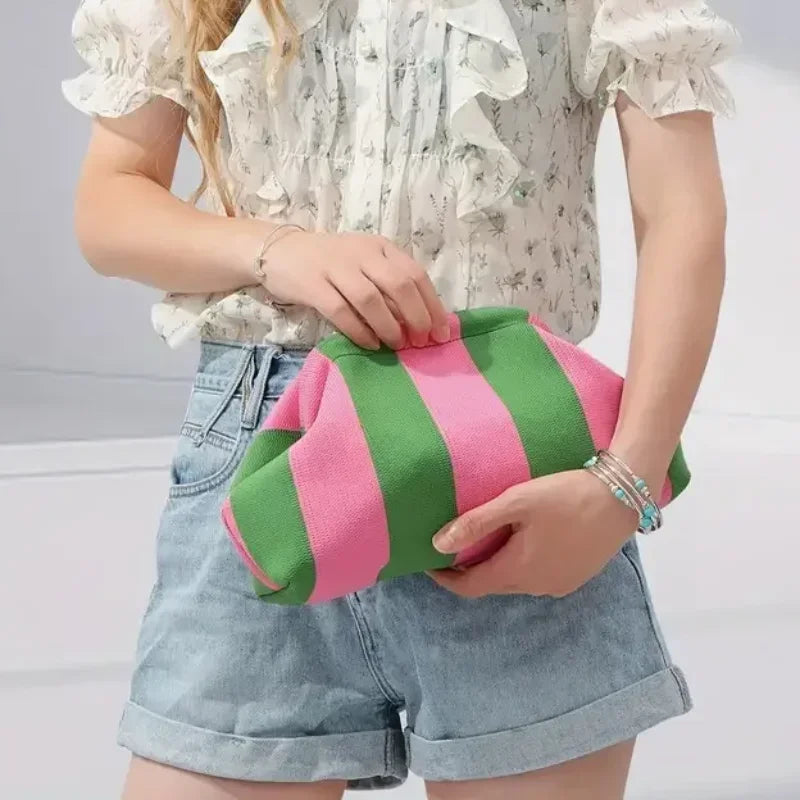 Knitted Striped Handbag Summer Beach Clutch Bags for Women Crochet Handbags Purses Knitting Dumpling Ruched Cosmetics Storage