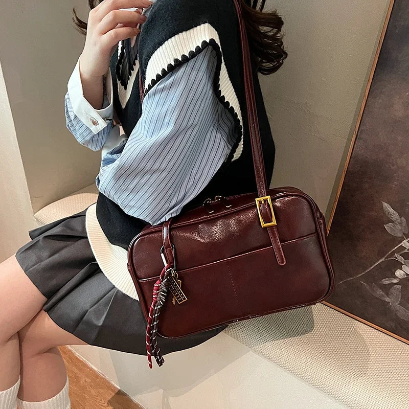 Luxury Black PU Leather Crossbody Bag for Women - Golden Buckle Strap & Red/Black Plaid Tassel, Y2K Underarm Bags Work Bag