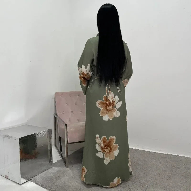 Elegant Floral Print Abaya Dress for Muslim Women Modest Full-Length Ankle-Grazing Maxi Robe 2025 Summer Islamic Turkey Outfit