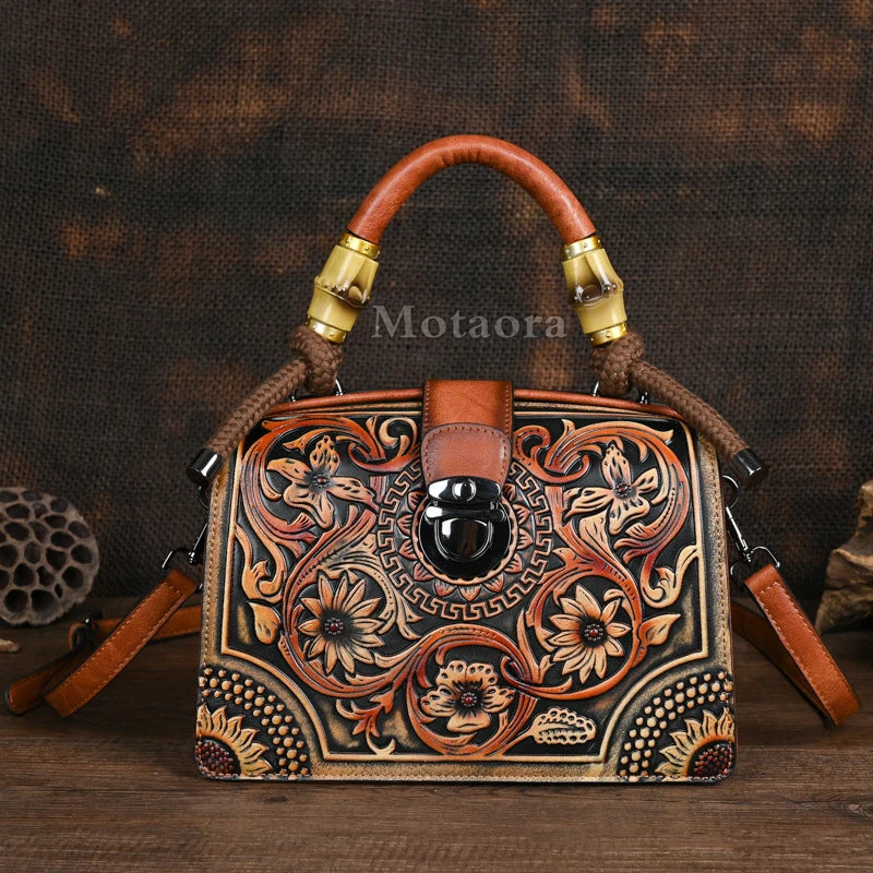Motaora New Embossed Shoulder Bag For Women's 2025 Vintage Handmade Handbag Female PU Leather Big Capacity Crossbody Bags Purse