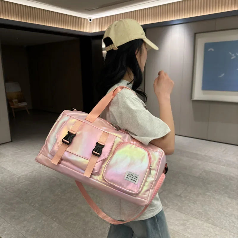Holographic Glamour Duffel Bag - Spacious,Stylish Shoulder Tote with Shoe Compartment for Effortless Weekend Escapes -