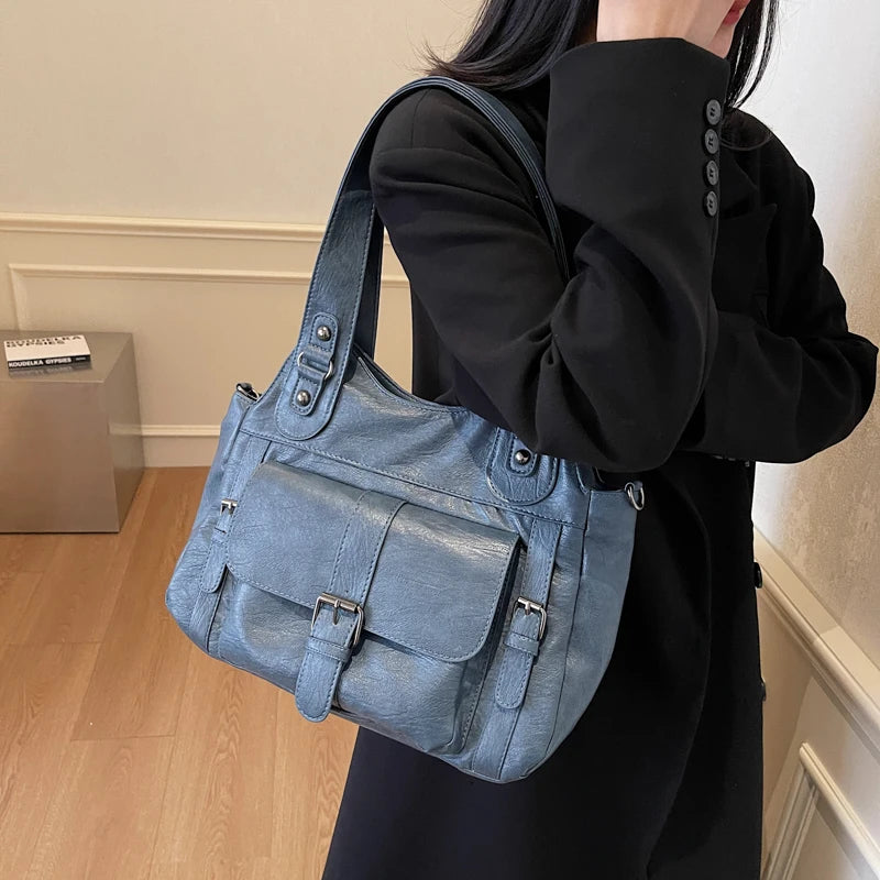 Women Tote Bag Fashion Underarm Pouch Large Capacity Soft Pu Leather Shoulder Bag Retro Crossbody Bag Casual Portable BucketBags