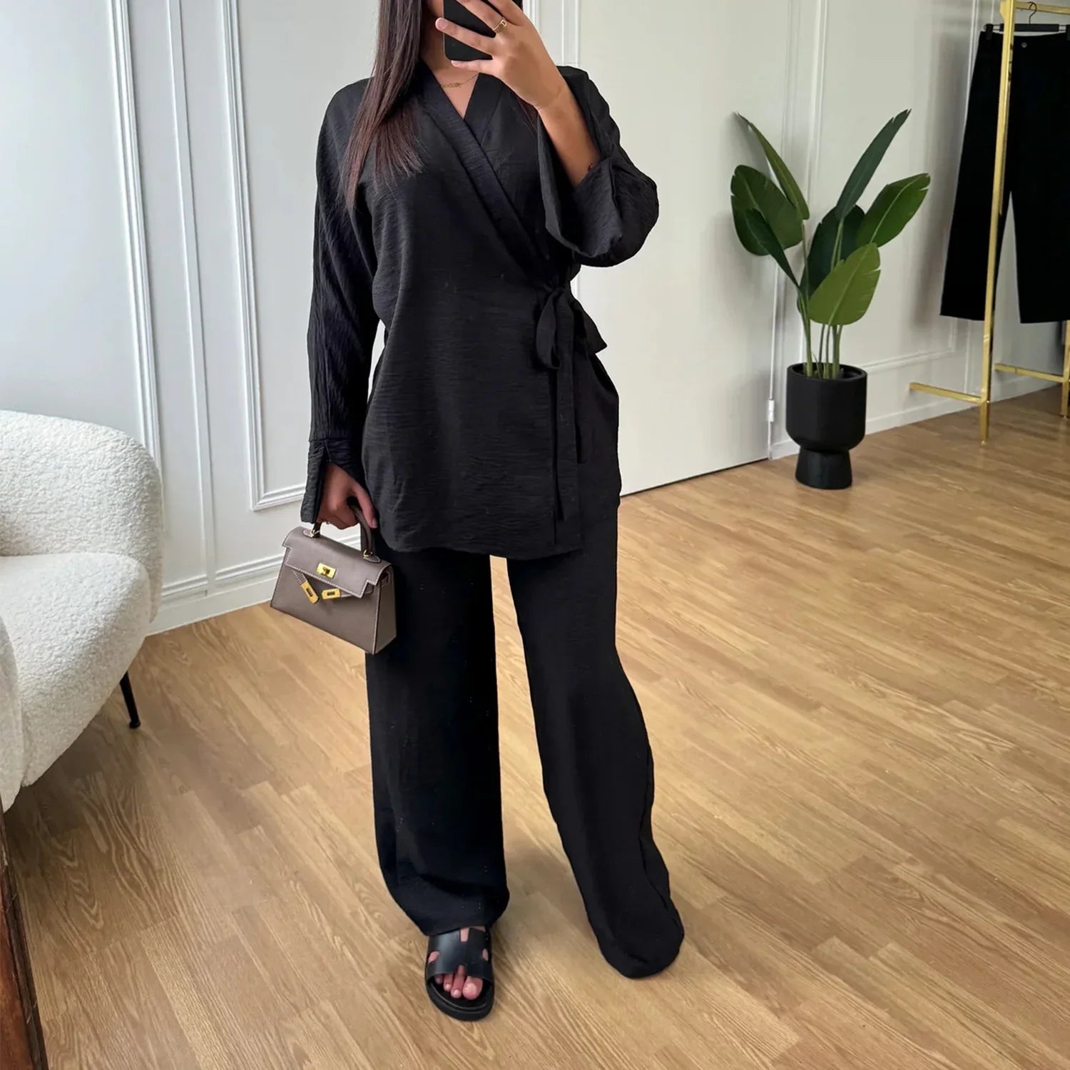 2 Piece Dubai Muslim Women Clothing Elegant Middle East Modest Top and Pants Sets 2024 Islamic Turkish Clothes Solid Outfits