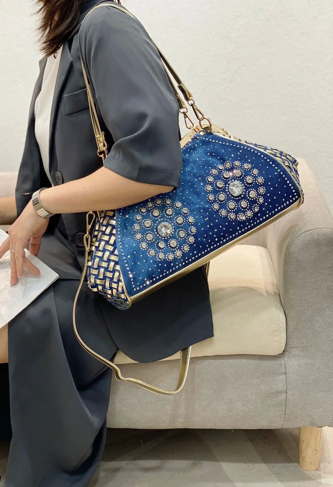 Denim Rhinestones Women Handbag Clutch Bag For Evening Party Chic Butterfly Decoration Ladies Denim Fireworks Shoulder Bag