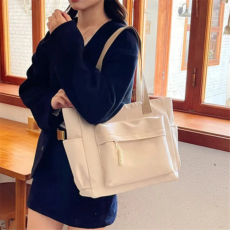 Nylon Tote Bag with Multiple Pocket Lightweight Foldable Design for Office Commute Shopping Fitness Storage Handbag Shoulder Bag