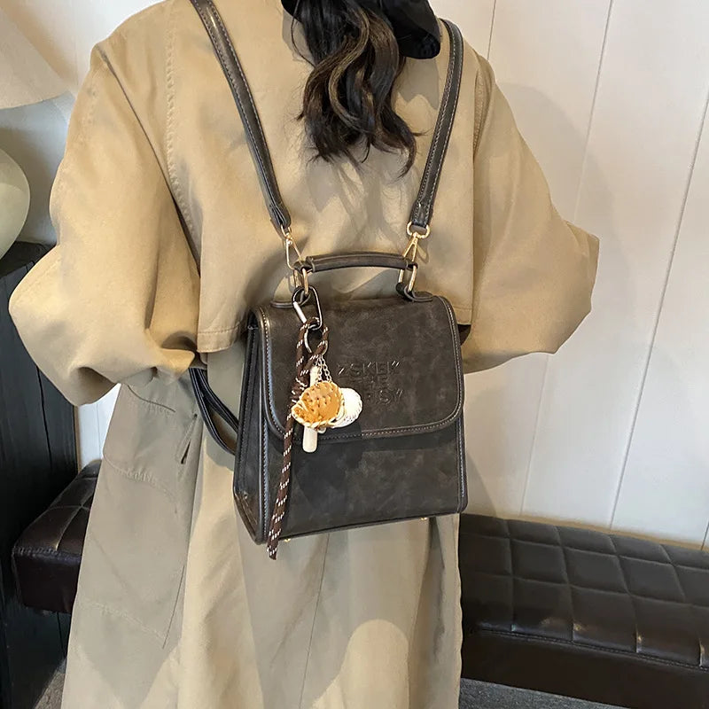 Casual Retro Large Capacity Women's Backpack Fashionable Versatile Stylish Satchel Crossbody Bag New Black City Simple Style PU