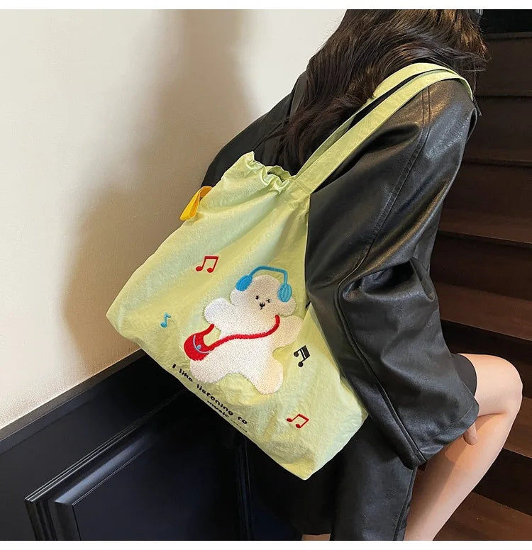 Leisure Large Capacity Single Shoulder Bag Trendy Embroidered Nylon Tote Bag School Style Sweet Handle Bag