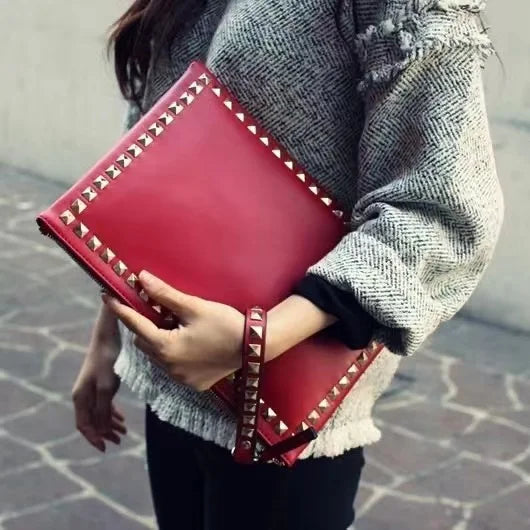 Leather Rivet Handbags for Women, Daily Clutches, Black Envelope, Evening Party Bag, High Quality, Female Shoulder Bags