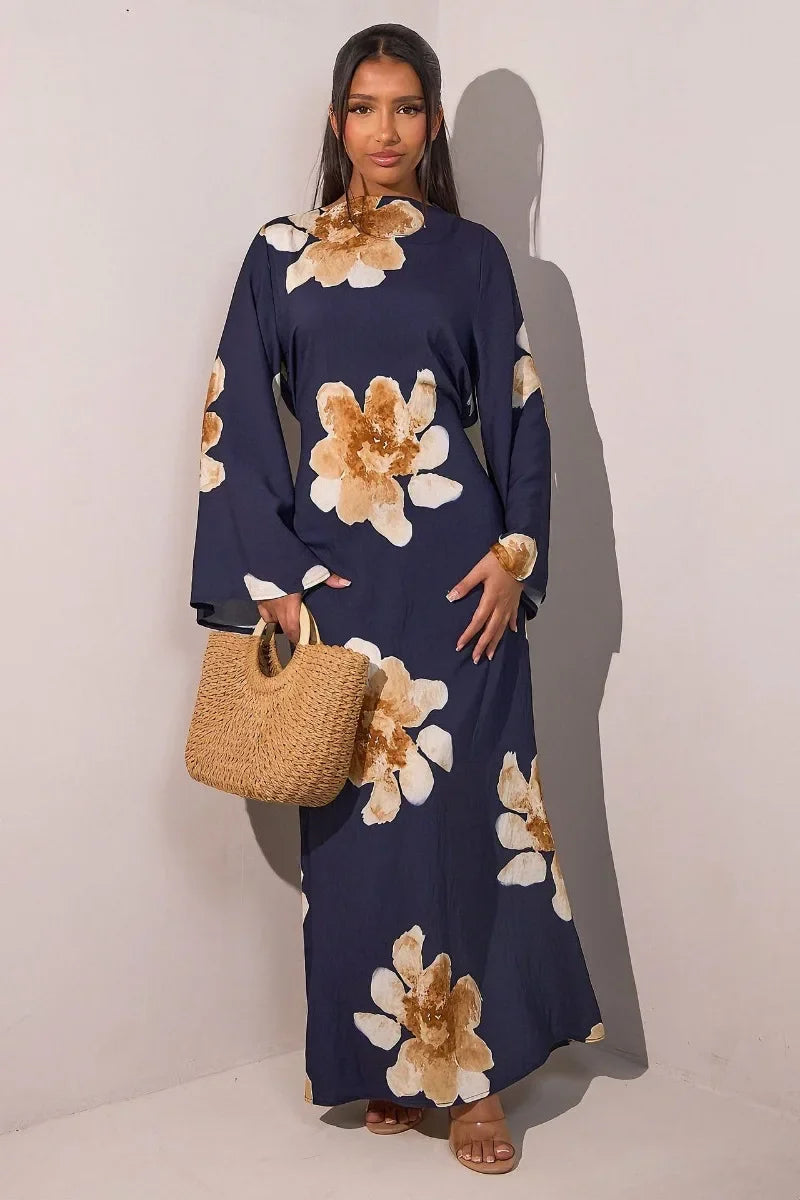 Elegant Floral Print Abaya Dress for Muslim Women Modest Full-Length Ankle-Grazing Maxi Robe 2025 Summer Islamic Turkey Outfit