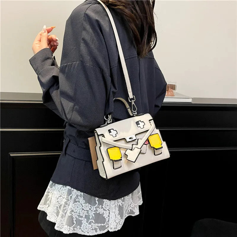 2025 Niche Kelly Bag Womens Mosaic Doll Robot Print Shoulder Crossbody Purse Unique Designer Handheld Tote Fashion Statement