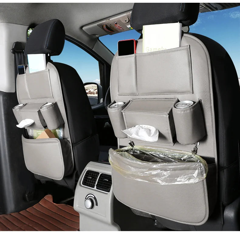 Leather Car Backseat Organizer Rear Row Children's Seat Back Hanging Storage Bag Shelf Garbage Can Trash Tissue Bottle Organiser