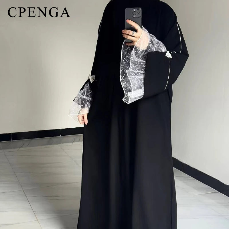 Summer Black Abaya for Muslim Women Elegant Dubai Modest Dress with Lace Sleeves Islamic Vacation Outfit 2025 Turkey Kaftan Robe