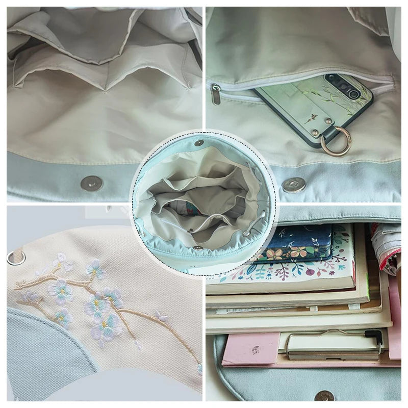 Women's Canvas Embroidered Flower Tassel Backpack Chinese Style Hanfu Casual Pendant Multi Pocket Large Capacity Girls Handbag