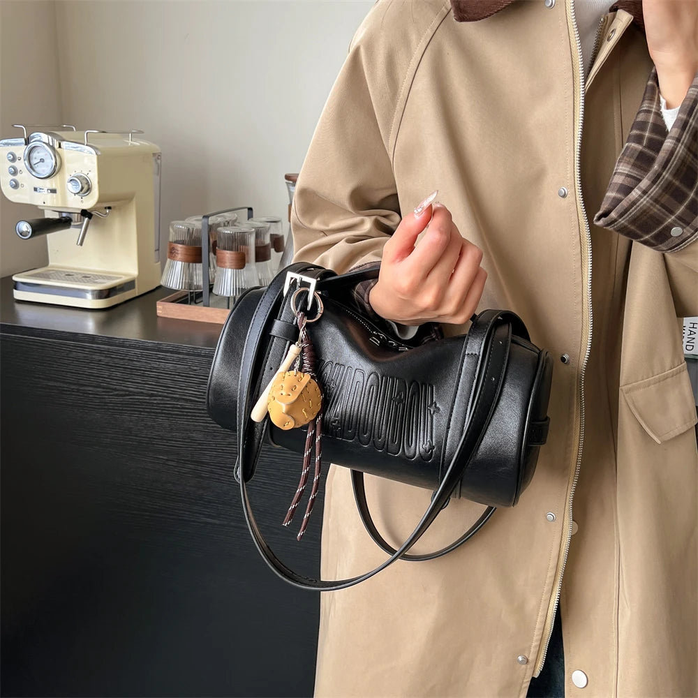 Multifunctional Cylinder Shaped Shoulder Bags For Women 2024 Winter Latest Designer Handbags Luxury Cross Body Bag With Pendant