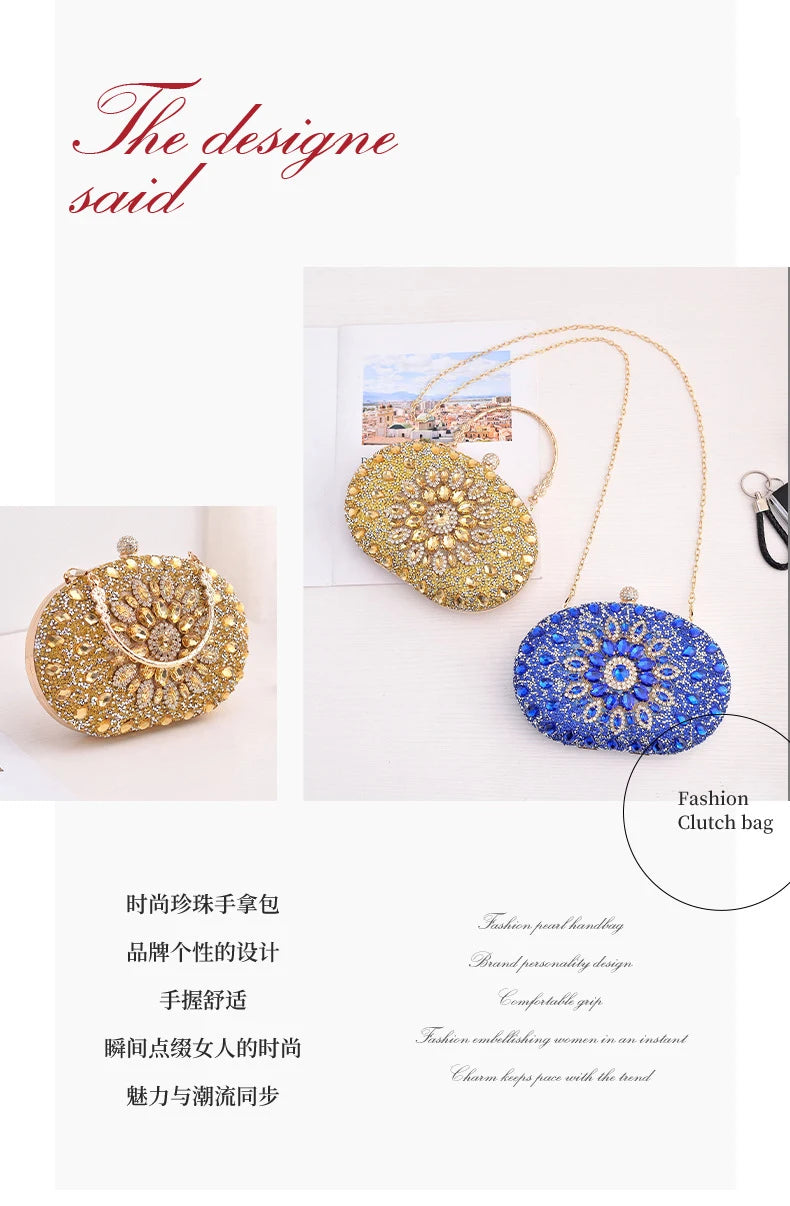 Gold Round Bag Luxury Brand Rhinestone Clutch Bags for Women 2024 Crystals Party Purses Diamond Designer Crossbody Handbags