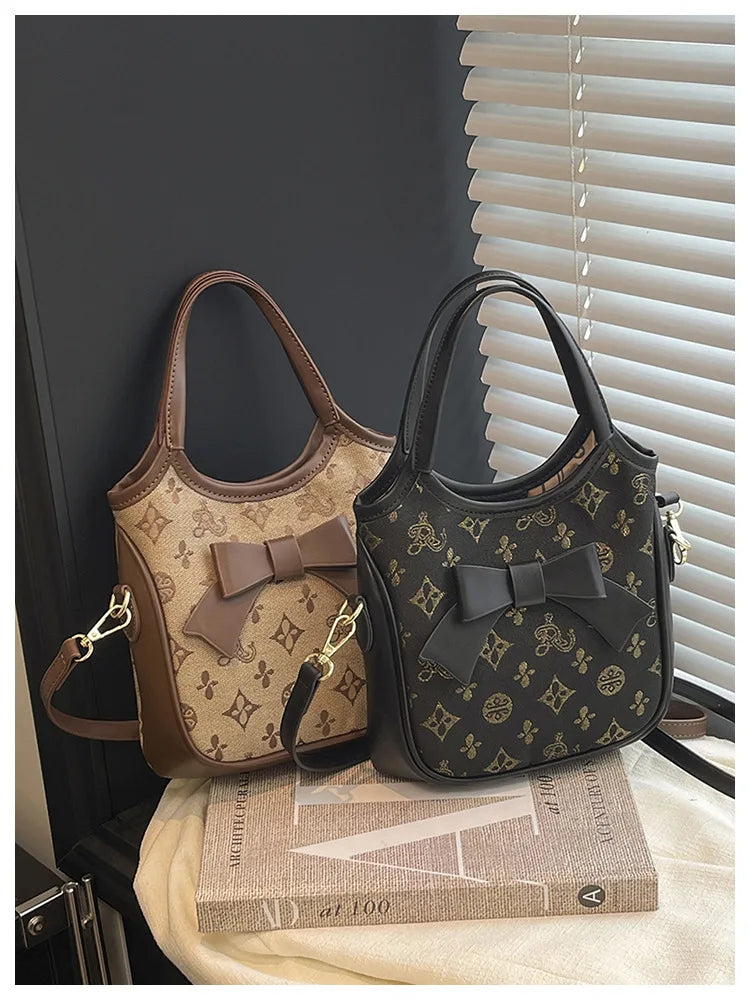 PU Hand-held Bow Bucket Bag Trendy Fashion Shoulder Bag Simple Versatile Women's Bag Commuter