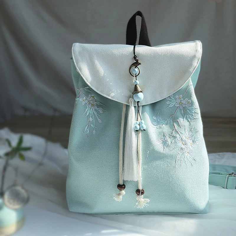 Women's Canvas Embroidered Flower Tassel Backpack Chinese Style Hanfu Casual Pendant Multi Pocket Large Capacity Girls Handbag