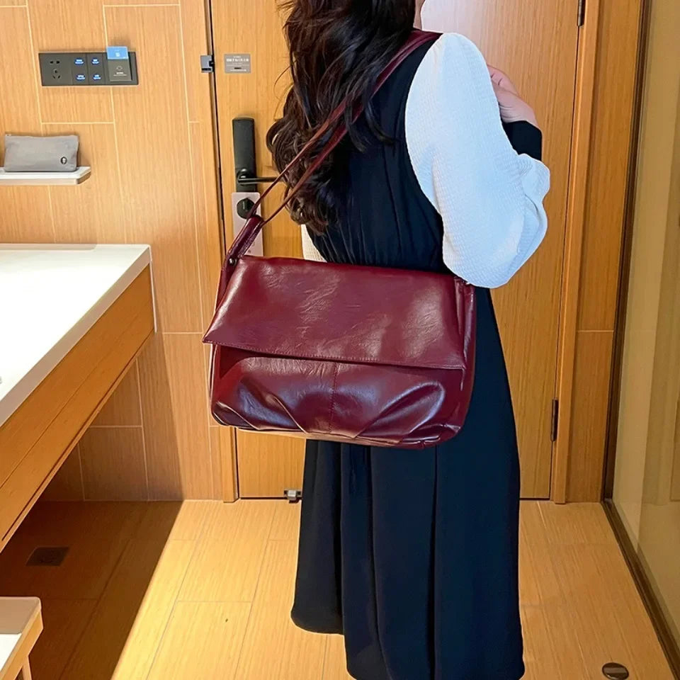 Burgundy Large Leather Bag Women Luxury Brand Designer Solid Color Crossbody Bag Soft Casual Shoulder Bag Women Bolsa Purse