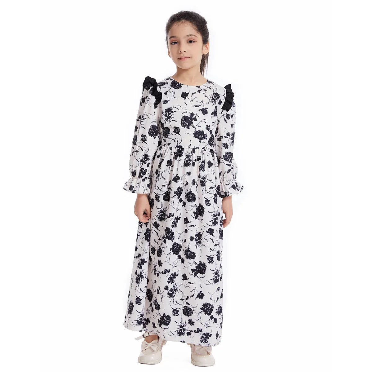 Abaya Girls Long Sleeve Dresses,Muslim Floral Dress for Kids,Conservative Outfits,Full Cover Robe Gown,Children's Beaching Dress