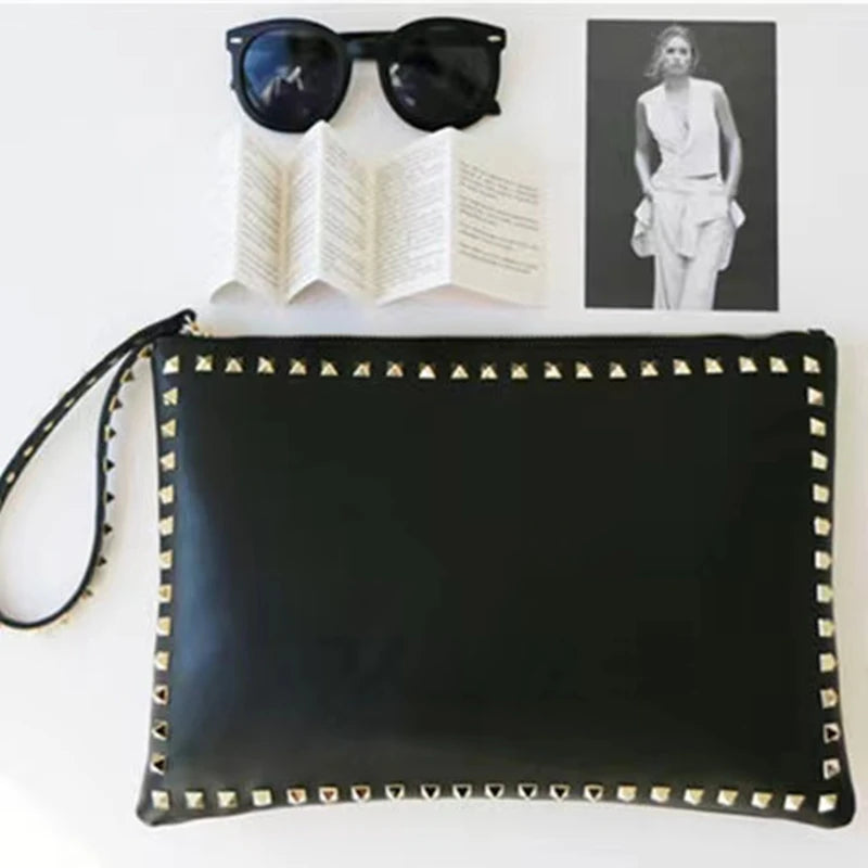 Leather Rivet Handbags for Women, Daily Clutches, Black Envelope, Evening Party Bag, High Quality, Female Shoulder Bags