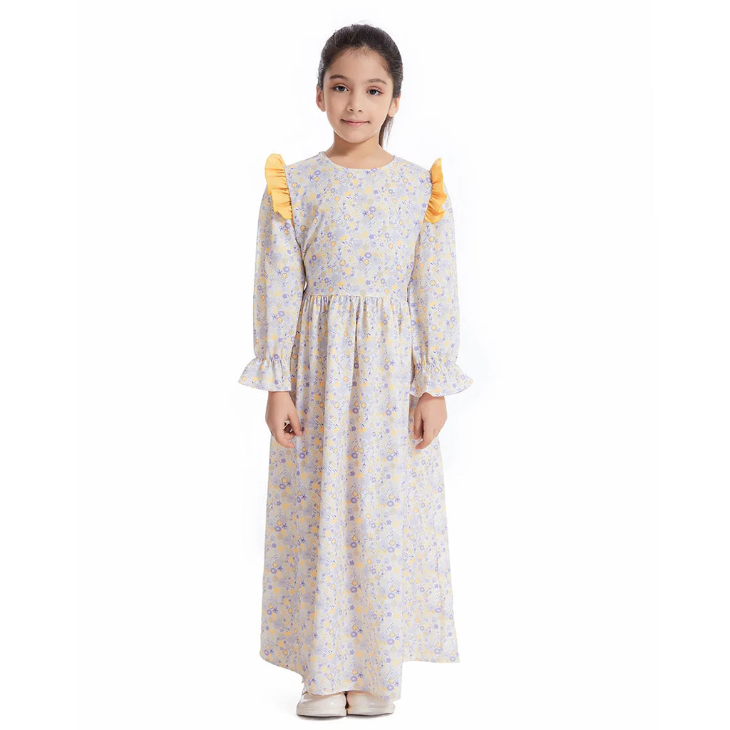 Abaya Girls Long Sleeve Dresses,Muslim Floral Dress for Kids,Conservative Outfits,Full Cover Robe Gown,Children's Beaching Dress