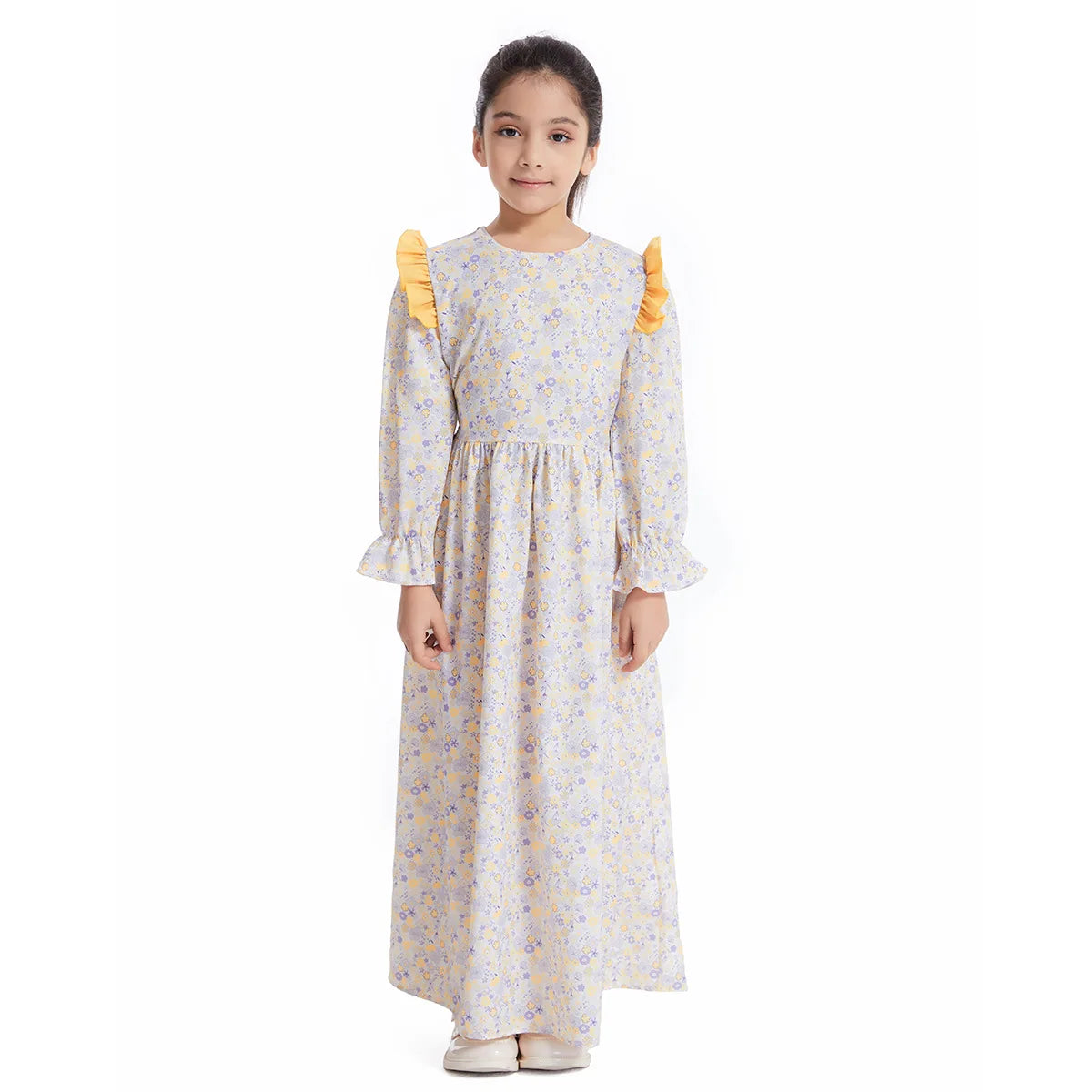 Abaya Girls Long Sleeve Dresses,Muslim Floral Dress for Kids,Conservative Outfits,Full Cover Robe Gown,Children's Beaching Dress